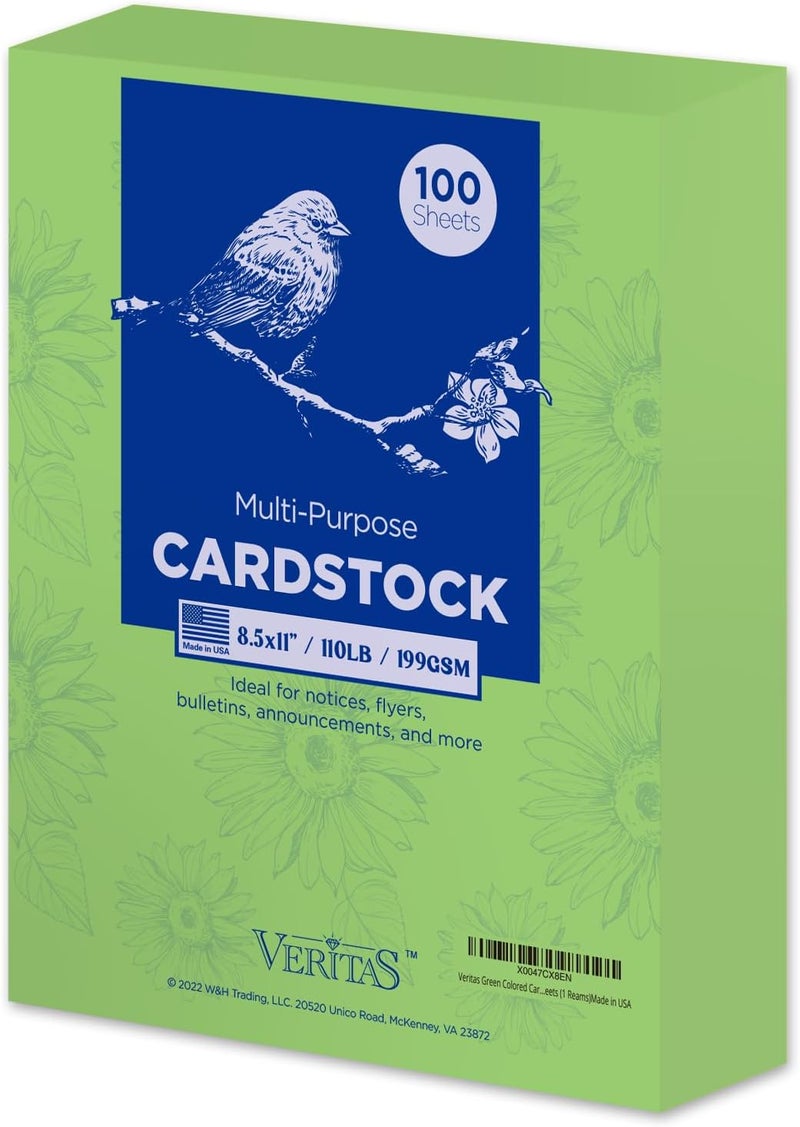 WritePads Veritas Green Colored Cardstock, 8.5" x 11" Colored Copy paper, 110LB/199GSM Printer Paper, 100 Sheets (1 Reams), Colored Multi-Purpose Paper, Made in USA - Image 1